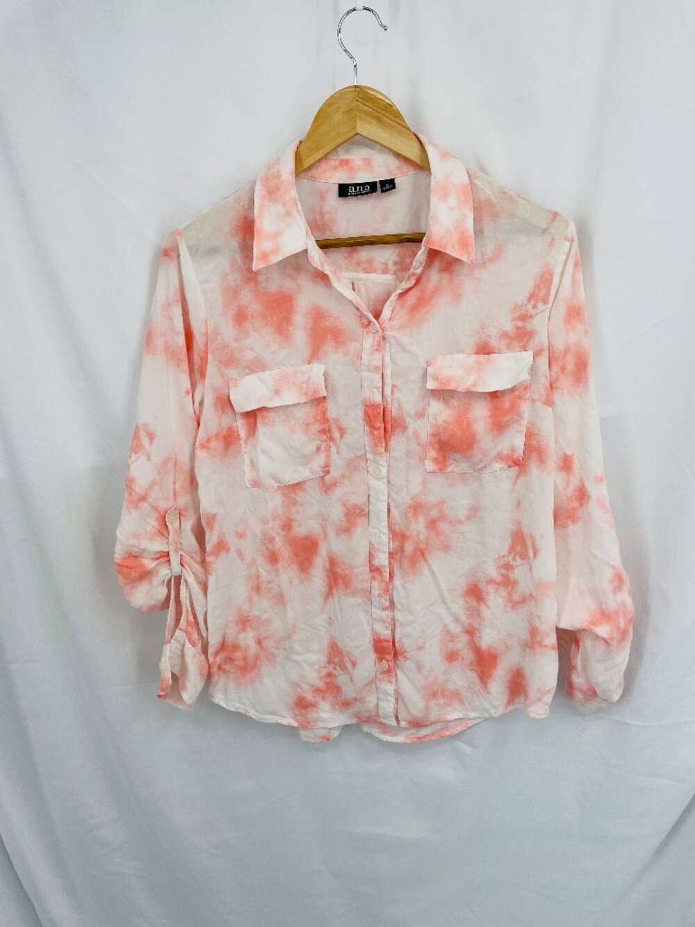 ANA Tie Dye Roll Tab Sleeve Button Down Blouse